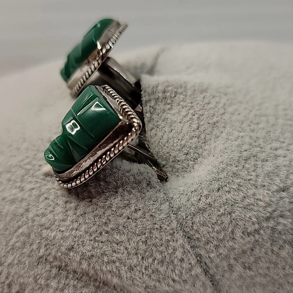 Mayan Warrior cufflinks Green carved Mexico 925 stamped vintage